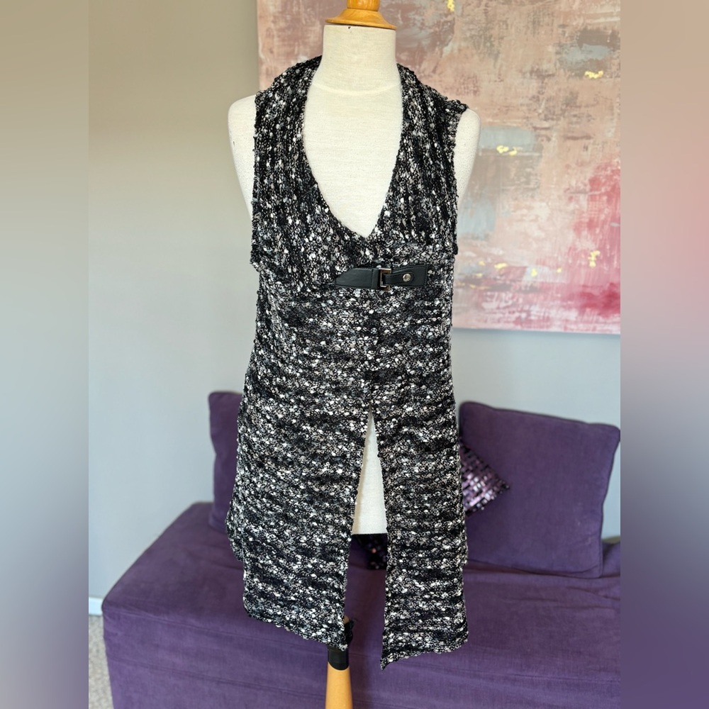 Zoe Unique Knitted Black and Gray Long Vest‎ with Unique Front  Closer Size L